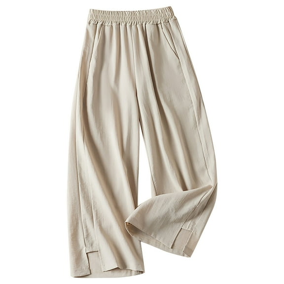 IDALL Linen Pants Women Wide Leg Pants Woman Women Summer Casual Elastic High Waist Loose Slit Cropped Pants With Pockets Lounge Pants Women Baggy Pants Beige L