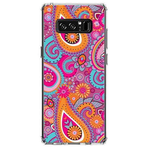 DistinctInk Clear Shockproof Hybrid Case for Samsung Galaxy Note 8 - TPU Bumper, Acrylic Back, Tempered Glass Screen Protector - Pink Blue Orange Paisley