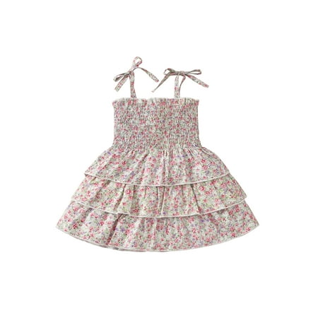 

Toddler Girls Summer Sling Dress Baby Sleeveless Layered Ruffle Floral Spaghetti Strap Dress
