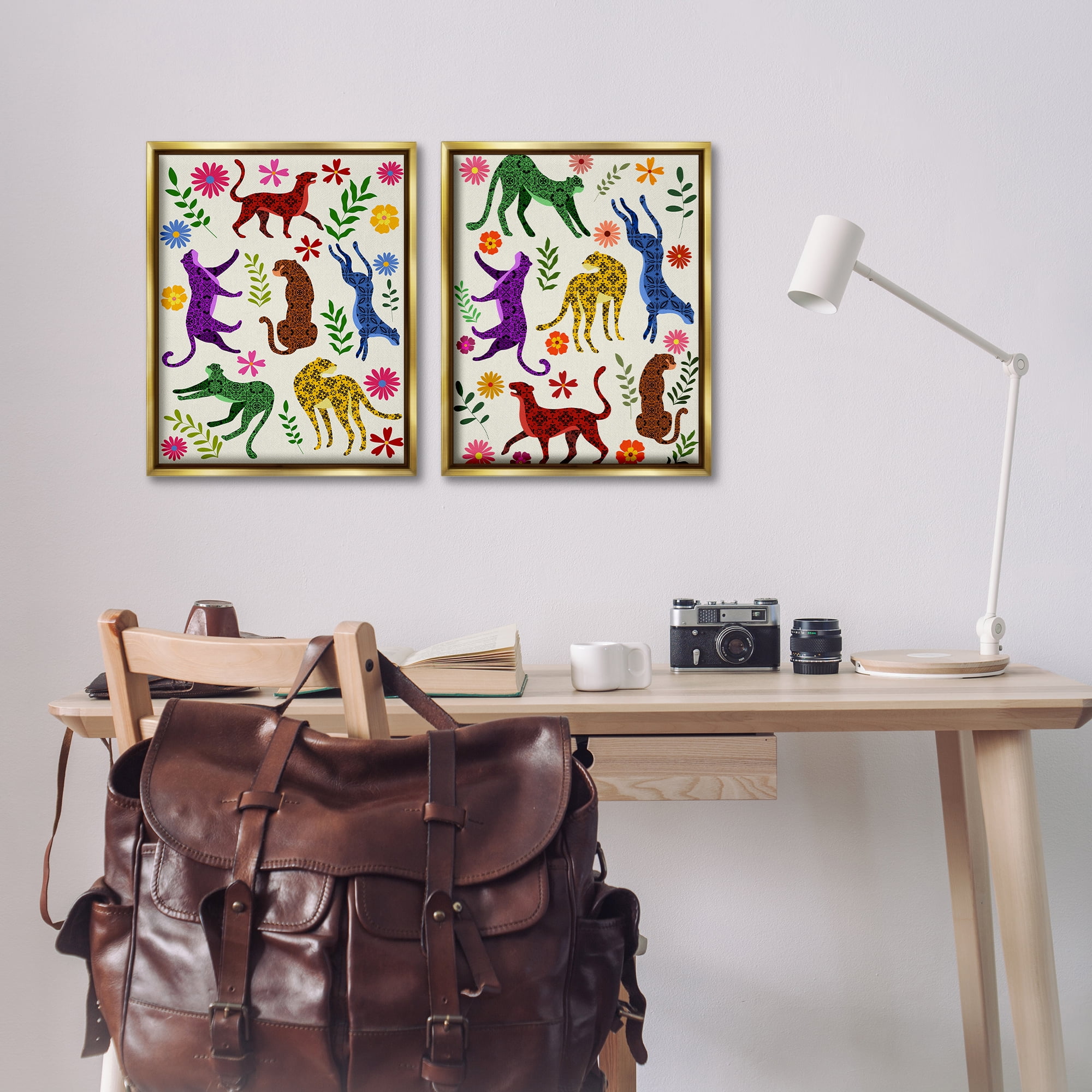 Stupell Industries Patterned Floral Jungle Cats Animals Painting Gold Floater Framed Canvas Art Print Wall Art, 17 x 21, Set of 2