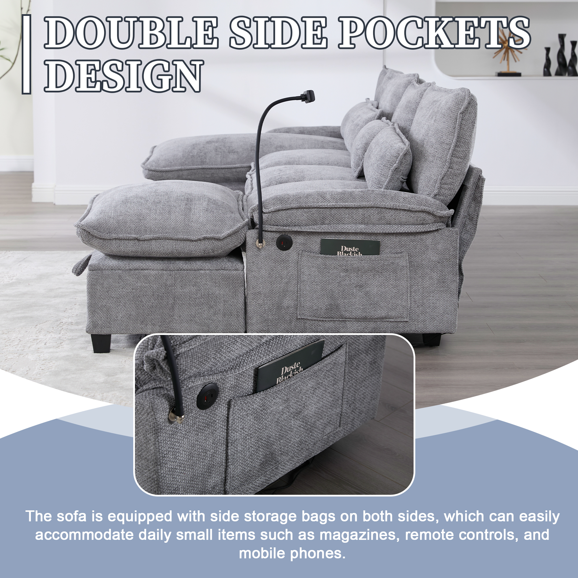 MOONMISS Chenille Upholstered Oversized U-shaped Comfy Modular Sectional Sofa with Storage Ottoman-Light Gray