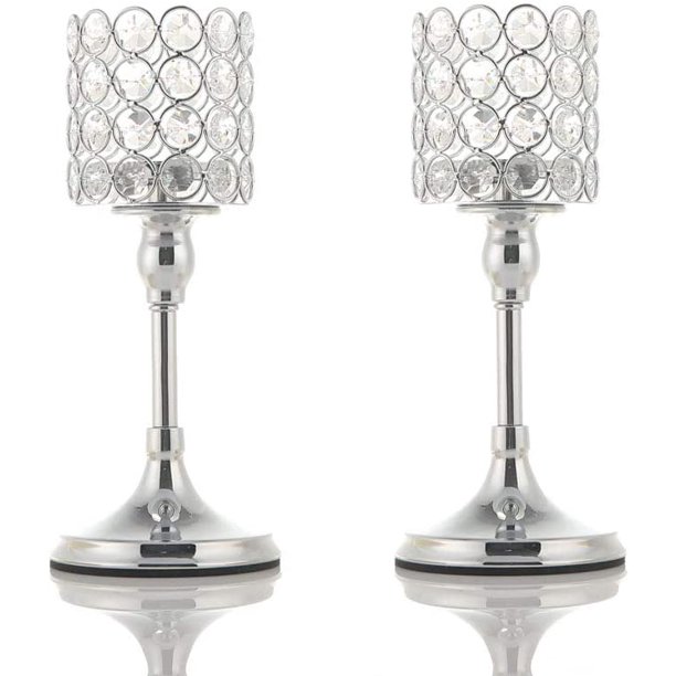 VINCIGANT Silver Long Stem Crystal Candlesticks Holder Set of 2 for