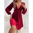thumbnail image 2 of Womens Ruched Formal Bodycon Graduation Dresses Elegant Cocktail Party Wedding Midi Dress Wine Red S, 2 of 8