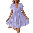 thumbnail image 2 of QUNYINEY Purple Womens Dresses Casual Cotton Linen Midi Short Sleeve Summer Sundress V Neck Vacation Loose Fit Ruffle Hem Dresses, 2 of 9