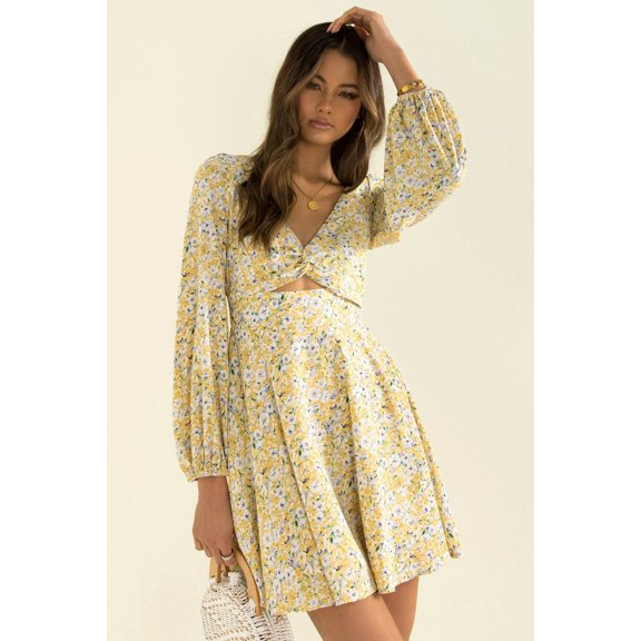 New Womens Dresses Floral Women's Autumn V Neck Twist Long Sleeve Dress Fashion Short Skirt