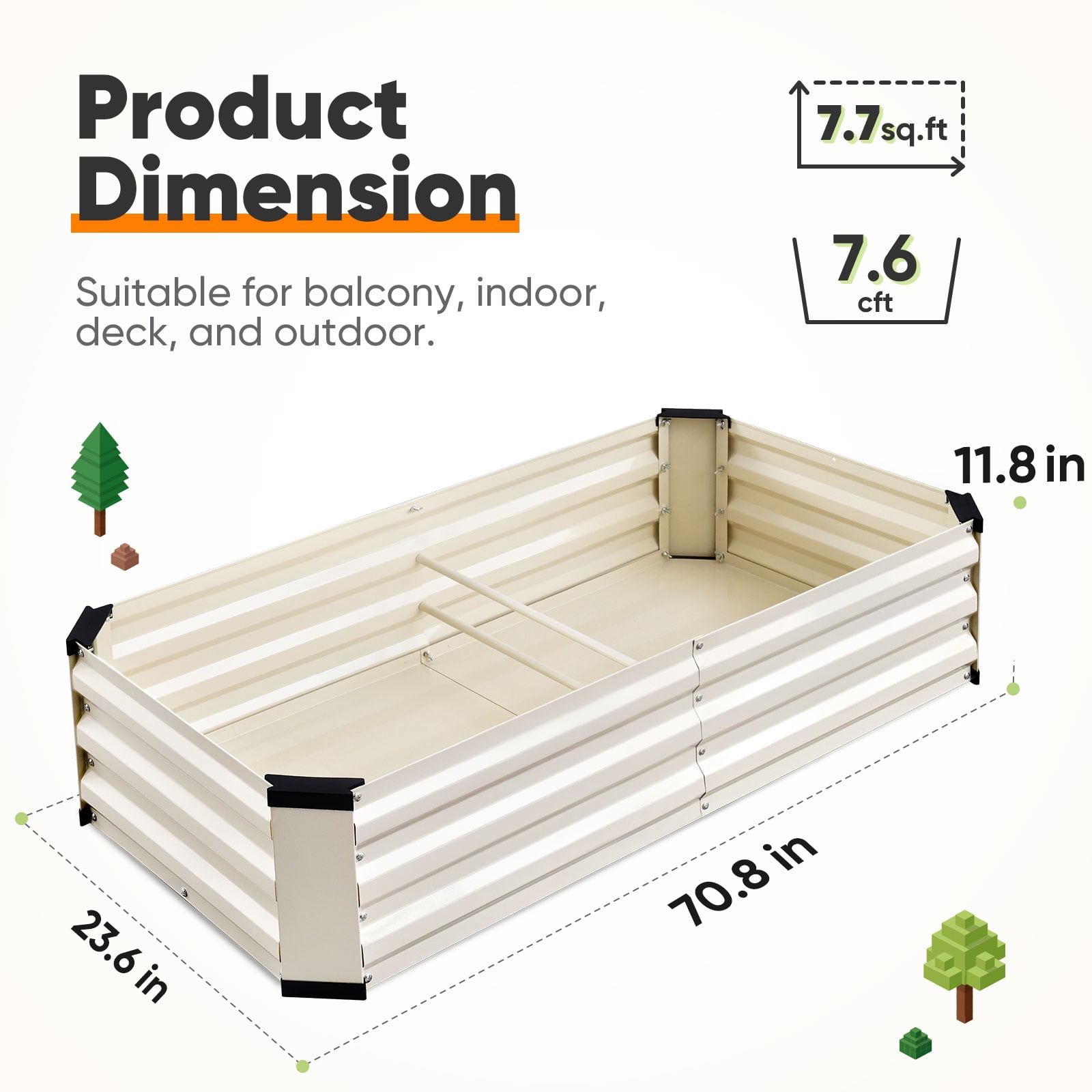 King Bird 4x2x1 ft Galvanized Metal Raised Garden Bed with Bottom Closed - Elevated Planter Box for Indoor, Outdoor, Patio & Balcony Gardening Beige