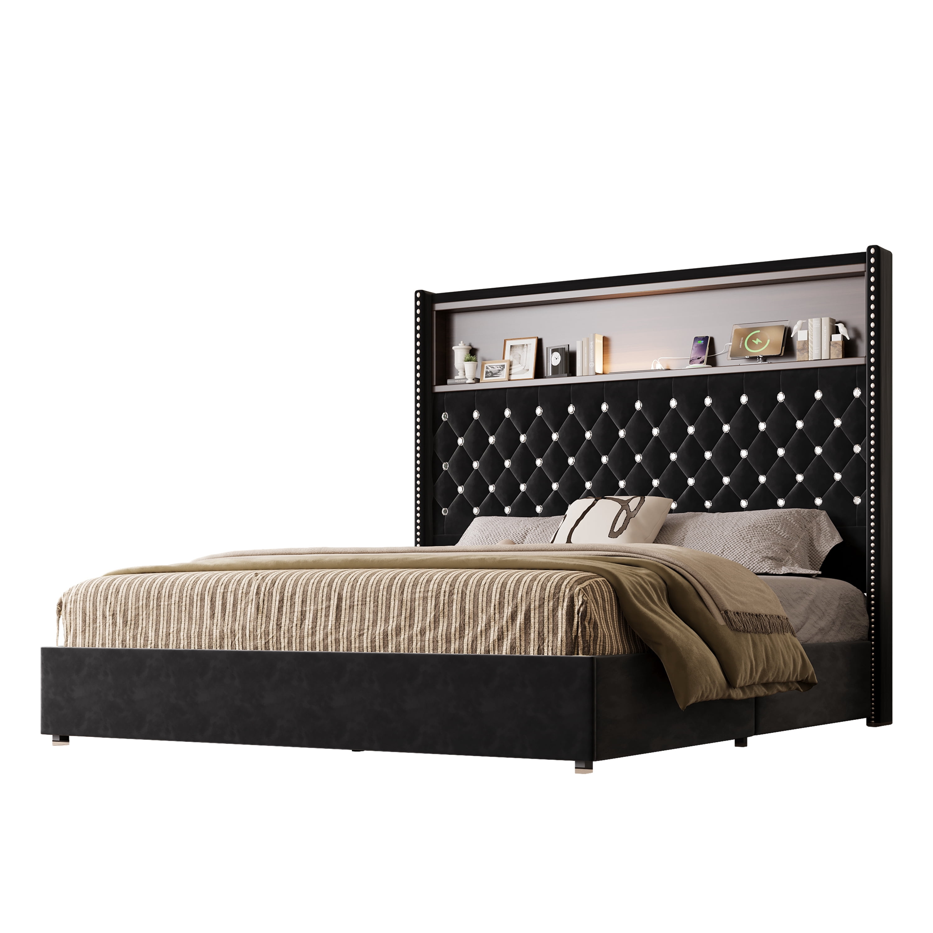Euroco Upholstered Full Size Tuft Platform Bed with USB Ports and Night Light, Wing Back Headboard with Storage, Black