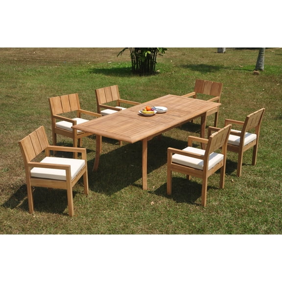 Grade-A Teak Dining Set: 6 Seater 7 Pc: 94" Double Extension Rectangle Table And 6 Veranda Arm Chairs Outdoor Patio WholesaleTeak #WMVRy