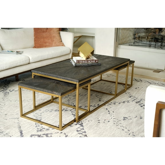 Posh Pollen Lucy Black 3-Piece Rectangle Wood Coffee and Nesting Tables, Living Room Furniture Set