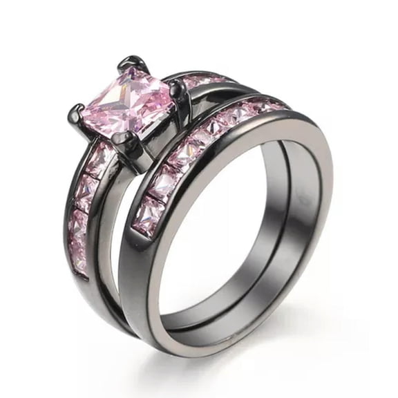 Pink Princess Cut CZ Bands Women's Black Gold Filled Wedding Ring Sets Size 6-10