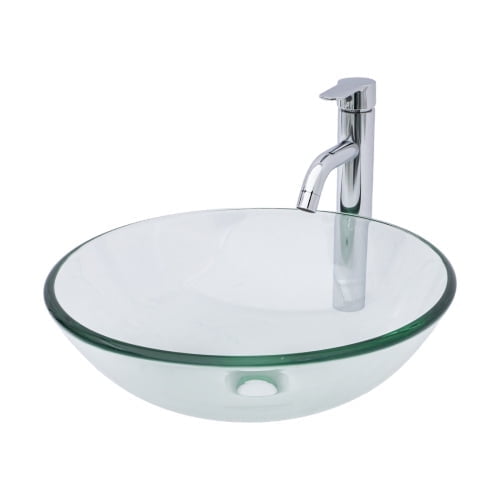 Tempered Glass Vessel Sink with Chrome Faucet, Complete Bathroom Sink Set Includes Pop-up Drain, Clear Modern Above Counter Lavatory for Bathroom Vanity