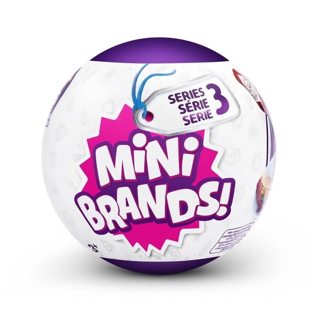 figura mini brands serie global multicolor miniaturas empaque sorpresa Multicolor: cápsula esférica frontal blanca y morada con el logo 'MINI BRANDS!' en rosa y blanco y etiqueta 'Series 3'; empaque sorpresa que contiene miniaturas coleccionables de marcas como Campbell's y Tabasco; adecuada para exhibir colecciones o intercambio entre aficionados.