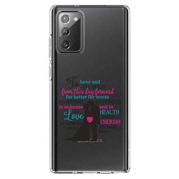 DistinctInk Clear Shockproof Hybrid Case for Samsung Galaxy Note 20 (6.7" Screen) - TPU Bumper Acrylic Back Tempered Glass Screen Protector - To Have & To Hold From This Day Forward