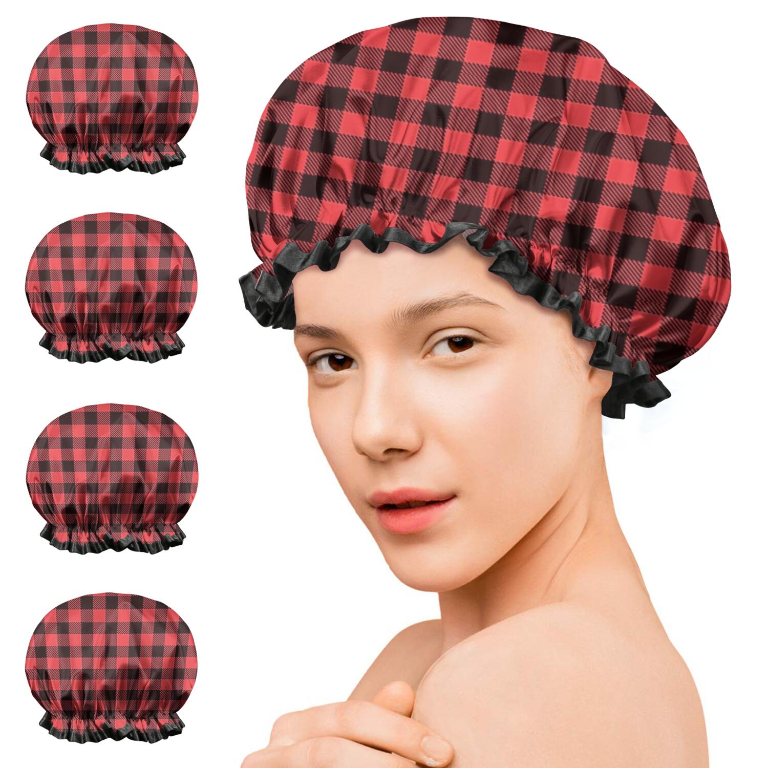 Shower Caps,Red and White Checkered Pattern Waterproof Shower Cap for Women 4 Pieces,Double Reusable Hair Cover for Shower PEVA Elastic Stretch Hem