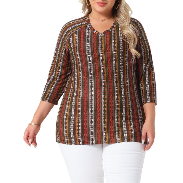 Agnes Orinda Blusas de Mujer Talla Grande con Cuello en V y Manga 3/4, Camiseta de Punto a Rayas Bohemia 2X Rojo Marrón