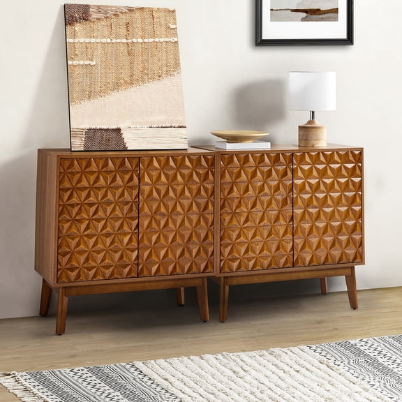Modern Anti-tip Storage Accent Cabinet 2 Doors Dresser Set of 2 with Adjustable Shelves Walnut
