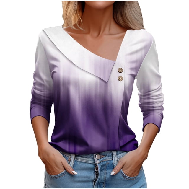 FAIWAD Long Sleeve V Neck Tops for Women Lapel Button Down Color Block Pullover Tunic Tops