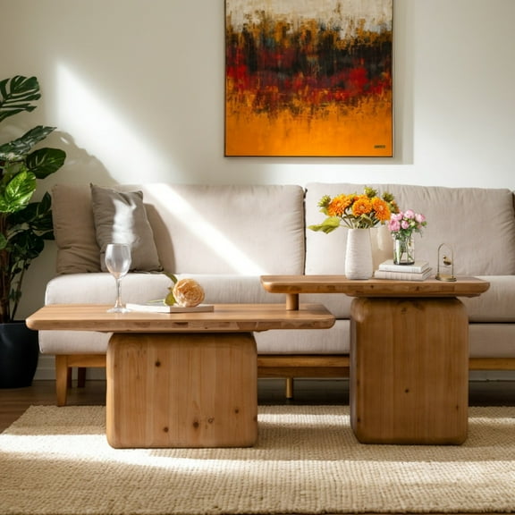 2PCS Coffee Table, Living Room Coffee Table Set Nesting Tables, Farmhouse End Tables Sofa Side Table Set of 2 for Living Room Office and Dining Room, Natural
