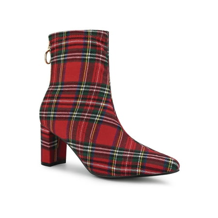 BLISSFUL STEP Women s Ankle Boots Plaid Pointed Toe Block Heel Back Zipper Booties Red Houndstooth 6