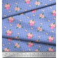 thumbnail image 2 of Soimoi Blue Velvet Fabric Pink Flower & Check Print Fabric by Yard 58 Inch Wide, 2 of 5