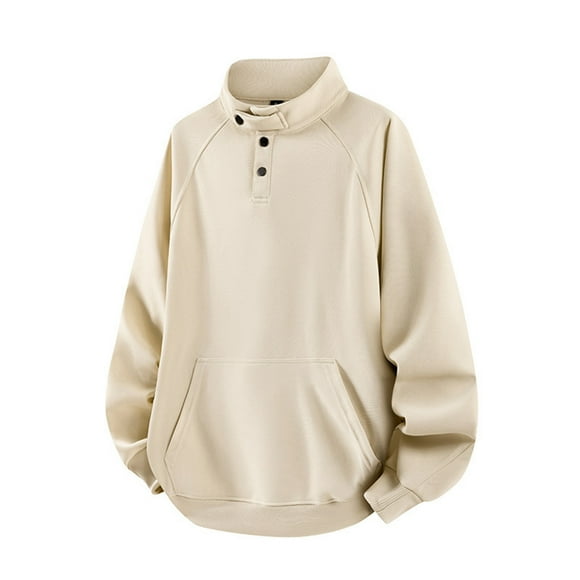 Viluyesy Heavyweight T Shirts for Men, Button Outdoor Solid Long Sleeve Pullover Shirt Beige 4XL