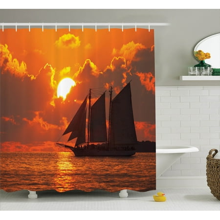 Sailboat Decor Shower Curtain Set, A Boat Sailing In Front Of A Sunset In Key West, Florida Sundown Tropical, Bathroom Accessories, 69W X 70L Inches, By