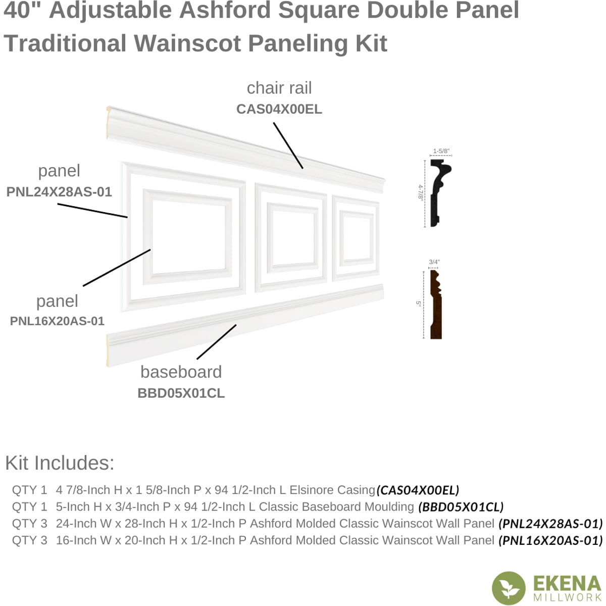 Ekena millwork 94 1/2"L (Adjustable 40"H to 44"H) Ashford Square Double Panel Traditional Wainscot Paneling Kit