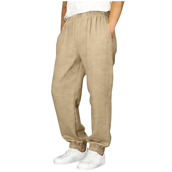 Mercatoo Boys 𝗨niform Pants Summer Casual Cotton Linen Pants Elastic Waist Baggy Yoga Joggers with Pockets Loose School 𝗣reppy Clothes