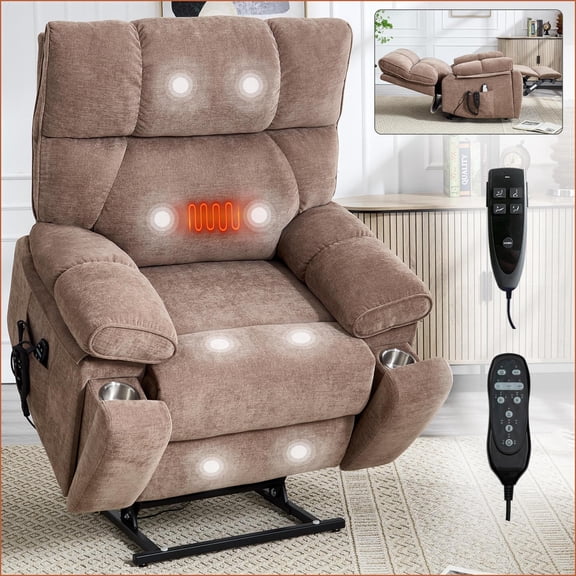 Recliners Oversized Power Lift Chair with Dual Motor, Massage & Heat, Hidden Cup Holders | 350lbs Capacity | Brown Chenille