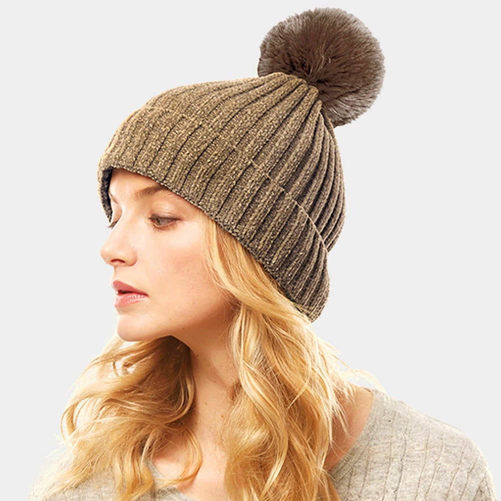 Solid Chenille Pom Pom Beanie Hat 