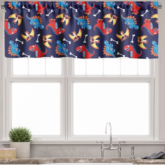 Ambesonne Dinosaur Valance Pack of 2, Dino Funny Expressions, 54"X18", Navy Blue Orange Red