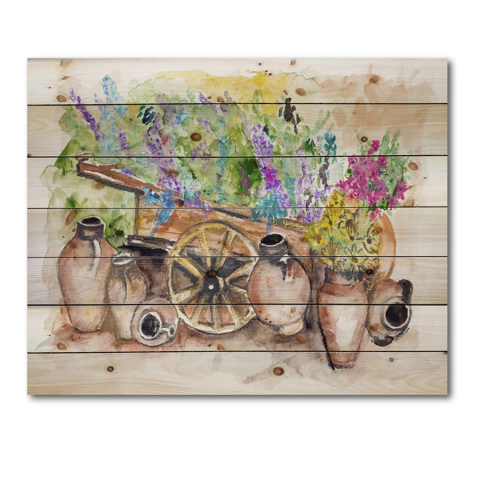Designart 'Lavender Flowers On Ancient Cart Illustration' Traditional Print on Natural Pine Wood