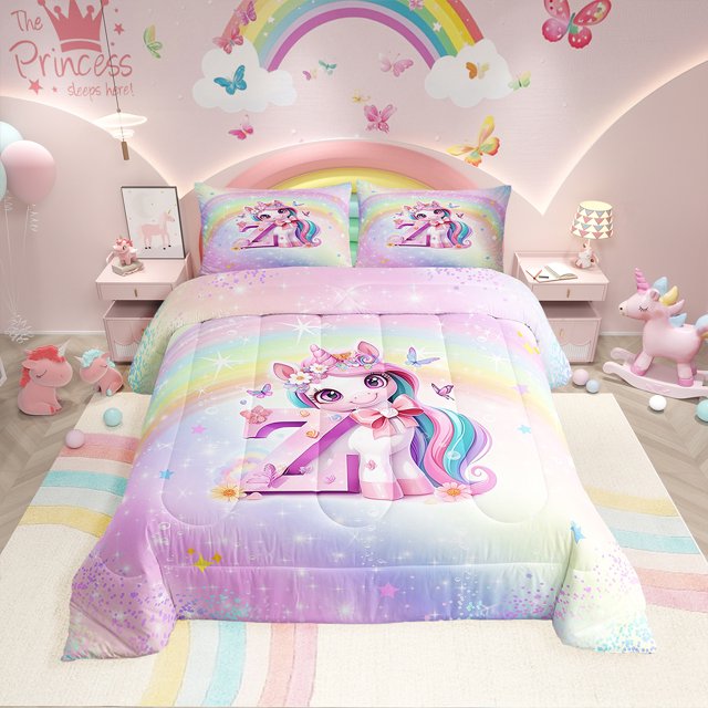 Erosebridal Ensembles de Couette Licorne Rose Format Grand, Couettes et Duvets Lettre Initiale Z, Déco Florale, Réversible 3 Pcs