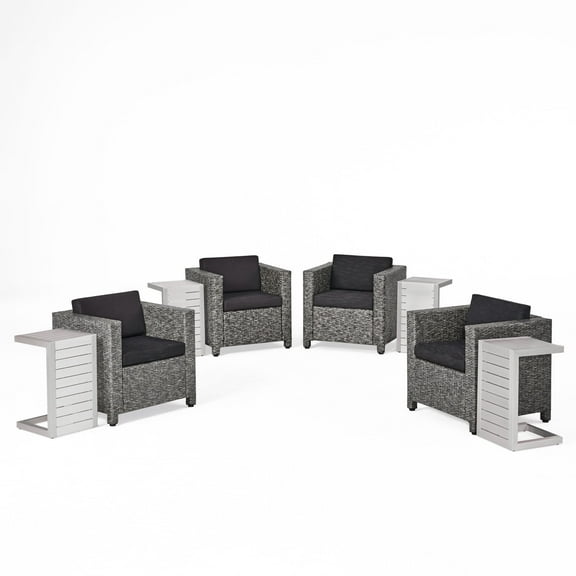 Cascada Outdoor 4 Piece Wicker Club Chairs with Cushions and C-Shaped Tables Set, Silver, Dark Grey, Mixed Black