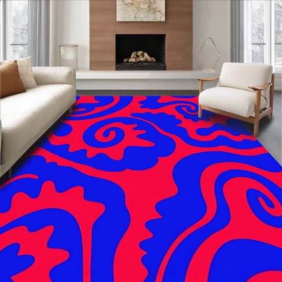 ODIKA 4'x6' Machine Washable Non-Slip Area Rug, Abstract Swirl Featuring Vibrant Curves and Dynamic Flow High Traffic Rug, Red, 497781