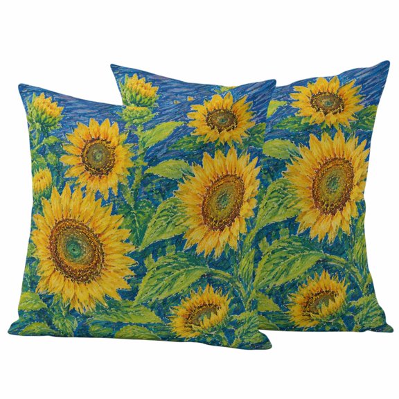Sunflower Outdoor Waterproof Pillow Covers, Vintage Green Leaves Blue Oil Painting Decorative Square Throw Pillowcase Sofa Cushion Sham for Patio/Couch/Chair, 18"x18" 2 Pack