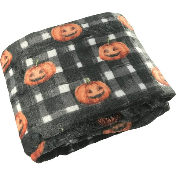 Serafina Home Farmhouse Halloween Throw Blanket: Smiling Jack O'Lanterns with Black and White Gingham Background (Jack's Plaid)