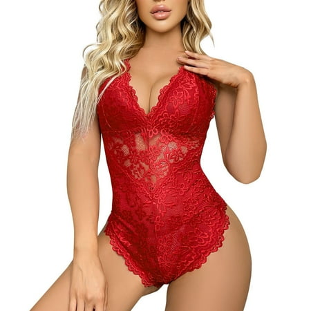 Nisorays Sexy Lingerie for Women Lace Teddy Lingerie Snap Crotch Bodysuit Red M