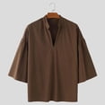 thumbnail image 4 of CLOISE Mens 3/4 Sleeve Tops Casual Bell Sleeve Shirts Loose Solid Color V Neck Pullover Fall Clothes Brown L, 4 of 8