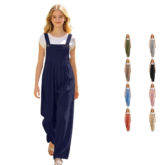 Weebloom Little Girls Overalls Kids Jumpsuit Casual Long Pants Mid Waist Solid Color Cotton Overalls Trousers For Daily Wear Navy 8-9 Years