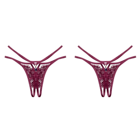 Wijhcboe 2 Pack Women Thong Lot Large Lace Sexy Thong Ladies Women Panties Thongs Pack Cross Belt Ultra Thin plus Size Silk Long Underwear Women Hollow Temptation Panties Hot Open File Underwear Sur