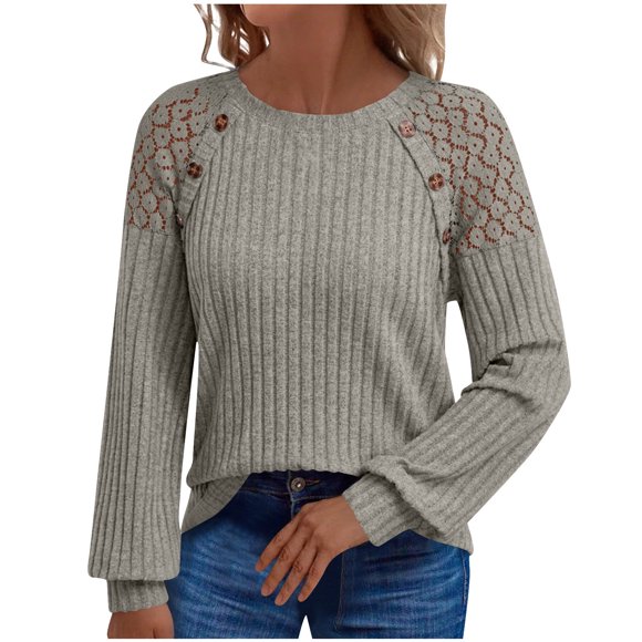 aidice Womens Long Sleeve Tops Ribbed Knit Crewneck Hollow out Lace Patchwork Shirts Fall Pullover Tunic Top Blouses