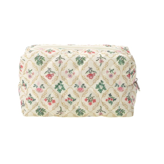 Unique Bargains Quilted Square Flower Makeup Bags Pink Green for Daily Use