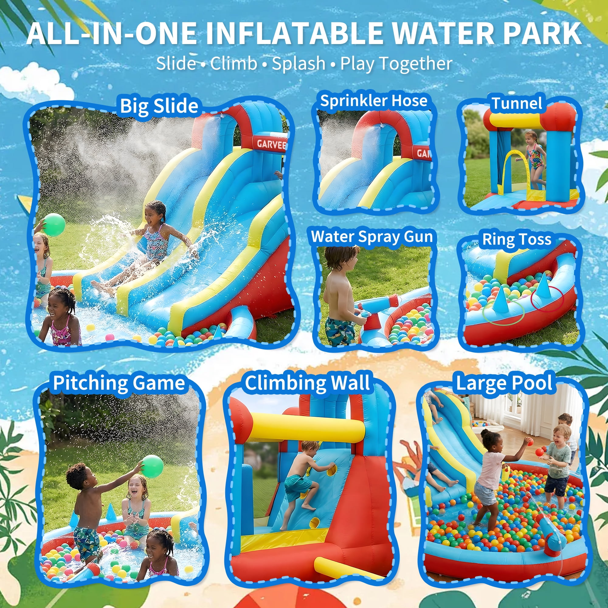Kicctian 23 ft Inflatable Water Slide Park, 6 in 1 Inflatable Water Bounce House, Jumping Castle with Slide,Water Squirter, Trampoline, Climbing Wall, Perfect for Kids Indoor Outdoor Play