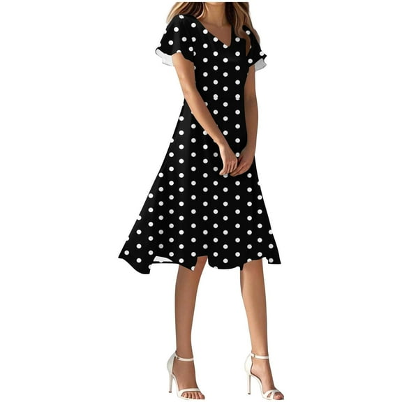 Polka Dot Dresses for Women 2025 Summer Short Sleeve Midi Dress Casual Loose A Line Beach Vacation Sun Dresses