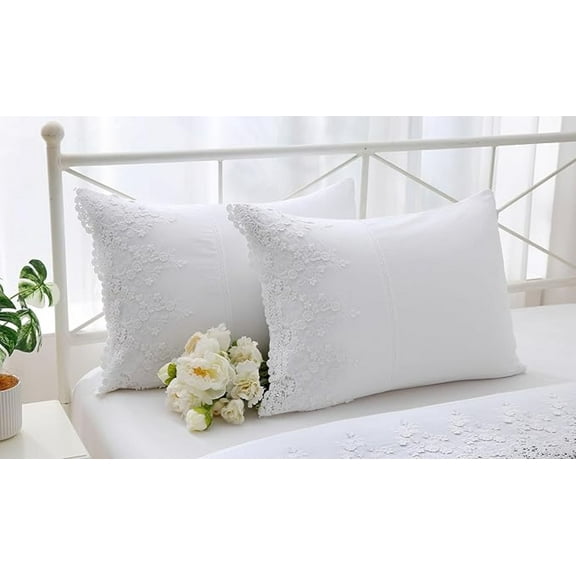 White Lace Pillow Shams with Embroidered 3D Flowers Retro Noble Luxury Elegant Look Pillowcases 100% Cotton Queen Size 2-Pack