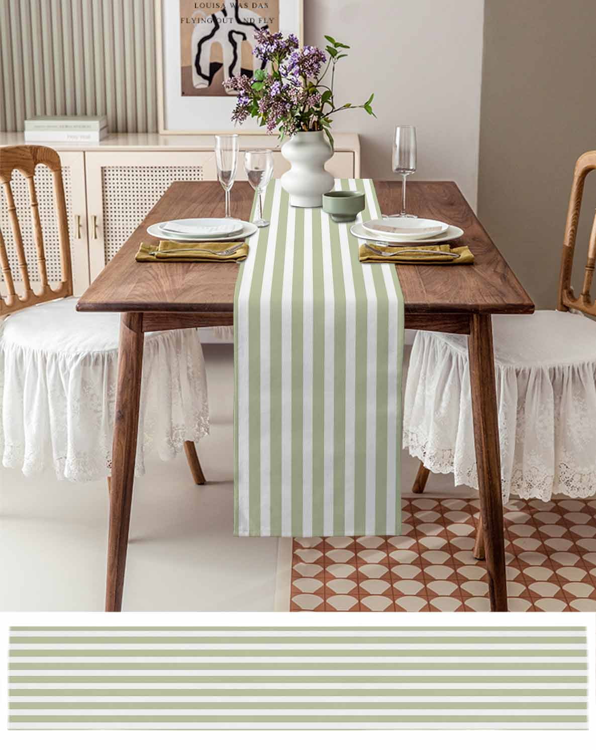 Table Runner Sage Green Stripes Table Decoration for Kitchen Dinning Simple Style Table Decoration for Indoor Outdoor Party Wedding Decor 13x90inch