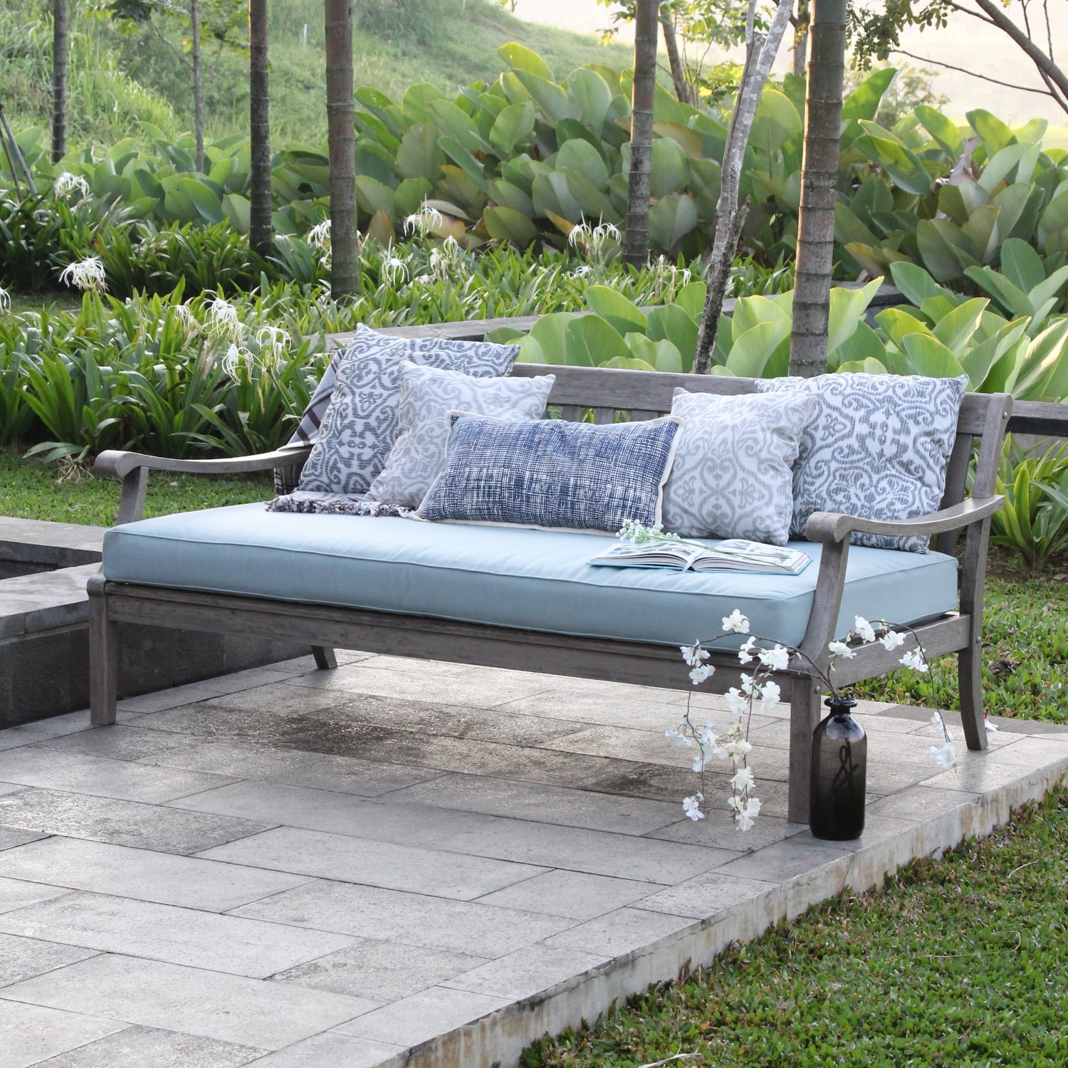 Alston Solid Wood Outdoor Sofa Daybed with Blue Spruce Cushion