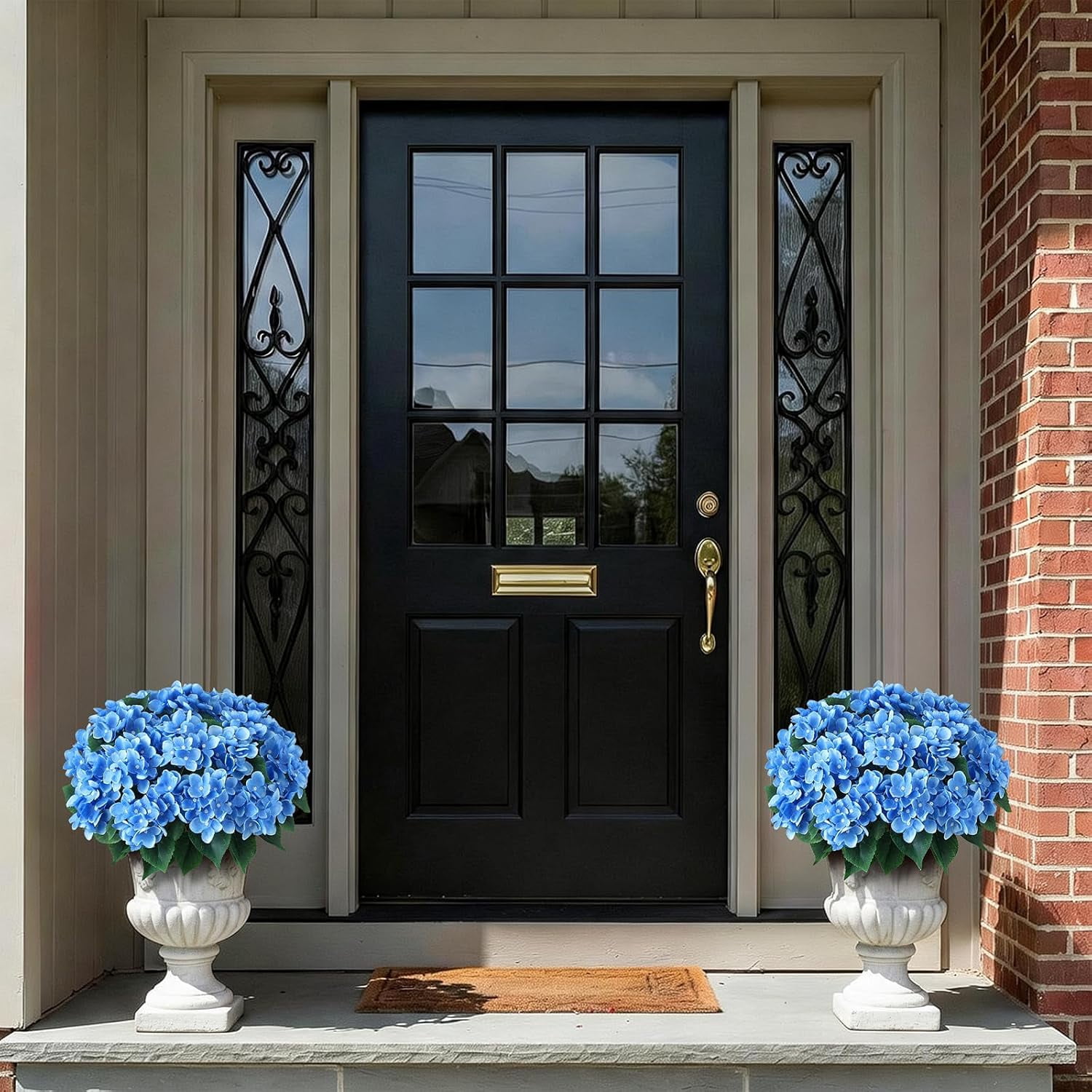 8 Bundles Artificial Hydrangea Flowers for Outdoor Decor, Realistic Faux Silk Bouquets Sun-Resistant Fake Plants for Front Door Balcony Farmhouse Garden Home Spring Summer Decor (Blue)