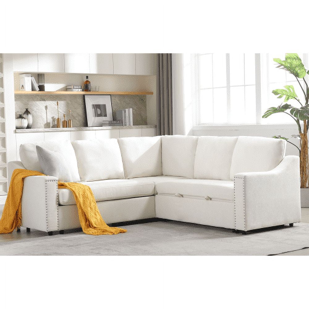 BSHTI L-Shaped Sofa with Pull-Out Sofa Bed,Corner Sofa,Living Room Furniture Set,Sleeper Sofa Bed,Corner Seat for Two with Broaching Sofa,Rivet DeChenille,Beige